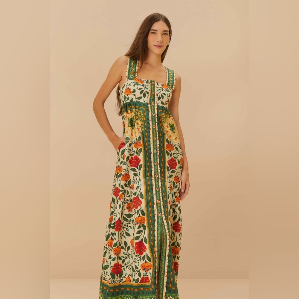 Farm Rio Sand Garden Tapestry Back Bow Maxi Dress